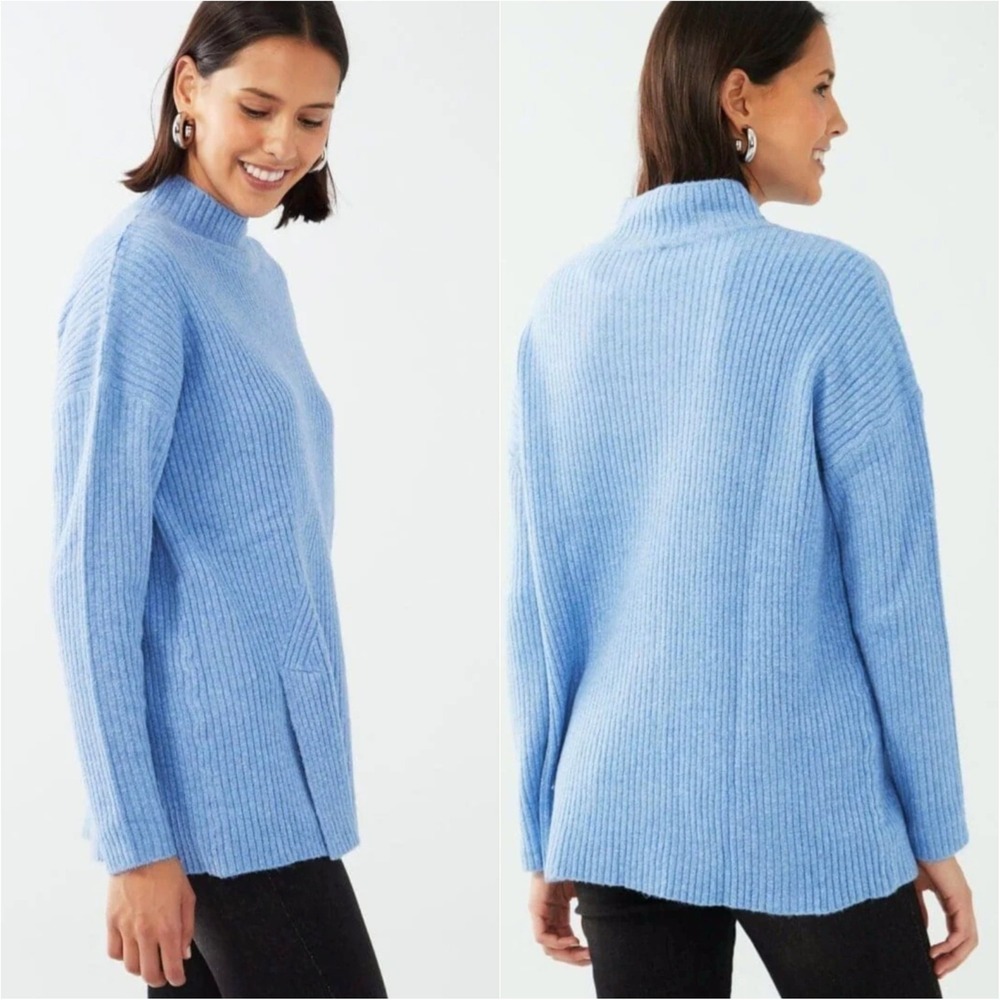 FDJ Tunic Sweater Ribbed Mock Neck Sz Large Blue Asymmetrical Slit Oversize $119